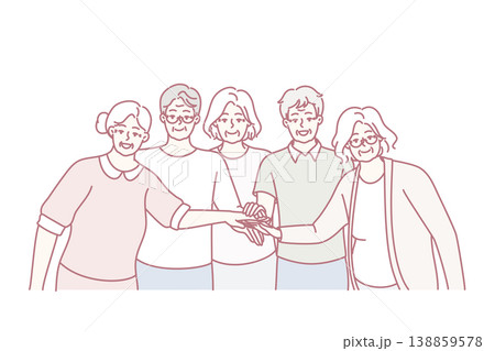 Elderly men and women with gray hair stand with their hands outstretched to center. Vector image Elderly men and women with gray hair stand with their hands outstretched to center. Vector image 138859578