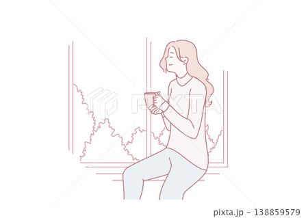 Positive girl dreaming and watching landscape through window with cup coffee in hands. Vector image 138859579