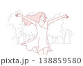 Happy woman runs through park in white flowing dress and enjoys warm summer weather. Vector image 138859580