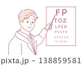 Man doctor holds out pointer to poster with letters for checking eyesight of patients. Vector image 138859581