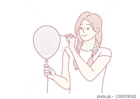 Young woman in casual clothes pierces balloon with needle and looks forward smiling. Vector image 138859582