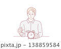 Smiling man points finger at alarm clock to remind of time management at works. Vector image 138859584