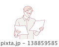 Concentrated man office worker holding two sheets of paper in hands reading report. Vector image 138859585
