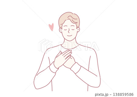 Enamored man puts hands on chest and closes eyes remembering girlfriend. Vector image 138859586