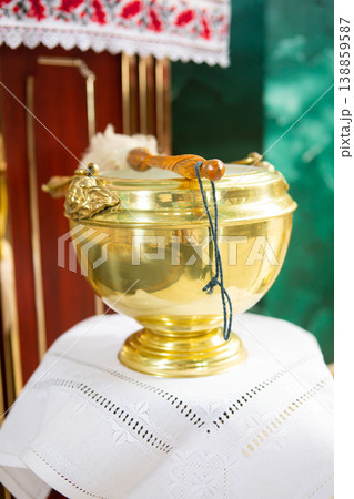 church attributes. various accessories for the holy ritual. gold bowl church attributes. various accessories for the holy ritual. gold bowl 138859587