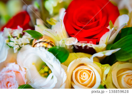 close-up of bridal bouquet of roses for wedding day. place for text 138859628
