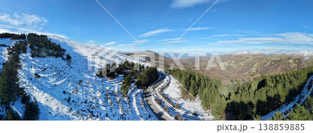 Panoramic Aerial 180 Degree View of Snow Covered Hill and Nearby Hills without Snow under Blue Sky with Few White Clouds Panoramic Aerial 180 Degree View of Snow Covered Hill and Nearby Hills without Snow under Blue Sky with Few White Clouds 138859885