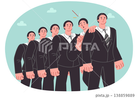 Line of brave businessmen and one frightened guy waiting for interview for position of manager Line of brave businessmen and one frightened guy waiting for interview for position of manager 138859889