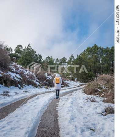 Woman Seen from Behind Walking on Snowy Road in Winter Clothing 138859896