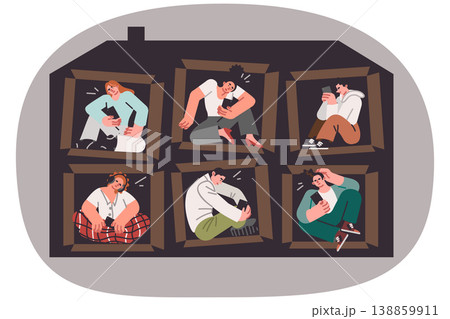 People with digital addiction are sitting in different rooms in house, due to self-isolation. 138859911