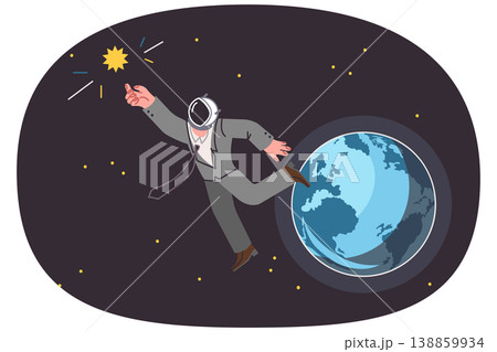 Business man is flying in space trying to touch sun with hand, going on tourist flight into orbit Business man is flying in space trying to touch sun with hand, going on tourist flight into orbit 138859934