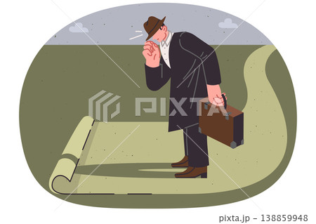 End of road for man with business suitcase, as metaphor for impasse in development or challenge 138859948