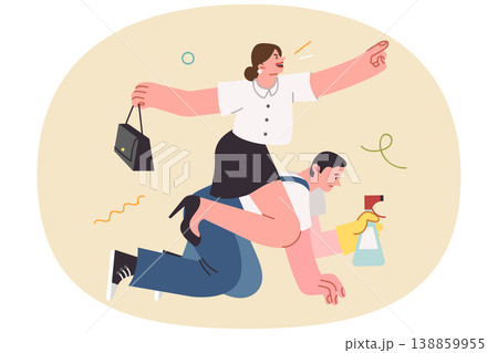 Businesswoman gives command to janitor, using toxic management methods, sitting astride laborer Businesswoman gives command to janitor, using toxic management methods, sitting astride laborer 138859955
