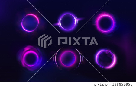 A set of neon halos in purple and pink colors with a glowing effect, fog, rays, and lines. A set of neon halos in purple and pink colors with a glowing effect, fog, rays, and lines. 138859956