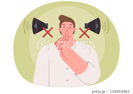 Man makes tss gesture urging him to switch phone to airplane mode and speak in whisper Man makes tss gesture urging him to switch phone to airplane mode and speak in whisper 138859962