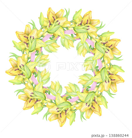 Wreath of the yellow lilies and pink ribbons. Handmade watercolor illustration. For packaging design, cards, cover, prints, product labels and fabric. 138860244