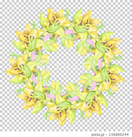 Wreath of the yellow lilies and pink ribbons. Handmade watercolor illustration. For packaging design, cards, cover, prints, product labels and fabric. 138860244