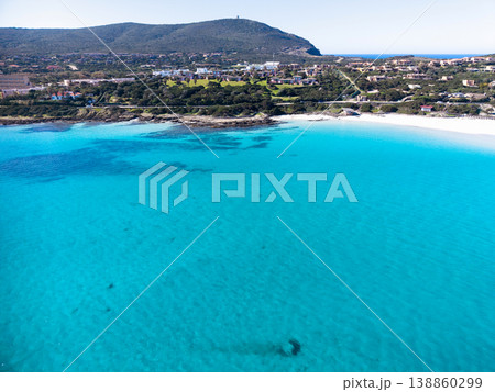 Aerial view of La Pelosa beach seen from the water on a sunny day 138860299