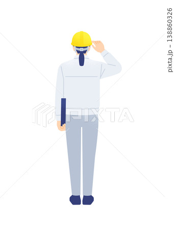 タブレットを抱えてヘルメットのつばに手を添える女性現場監督の後ろ姿 全身ベクターイラスト素材 138860326