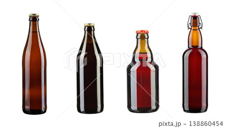 Collection of empty brown glass bottles in different shapes and sizes 138860454