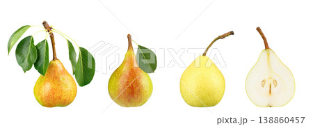 Fresh pear isolated on white background, whole and cut fruit with leaves Fresh pear isolated on white background, whole and cut fruit with leaves 138860457