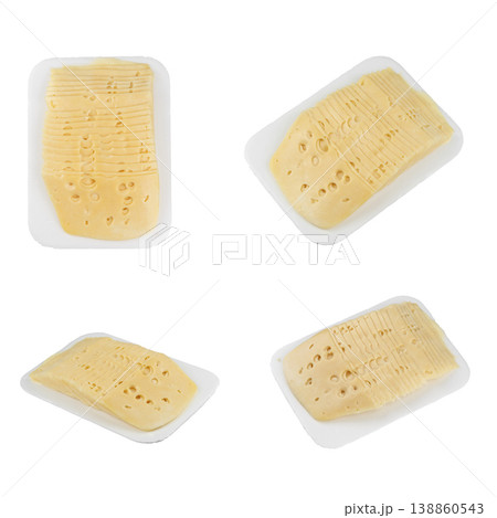 Sliced semi-hard cheese arranged on plastic trays, isolated on white background. 138860543
