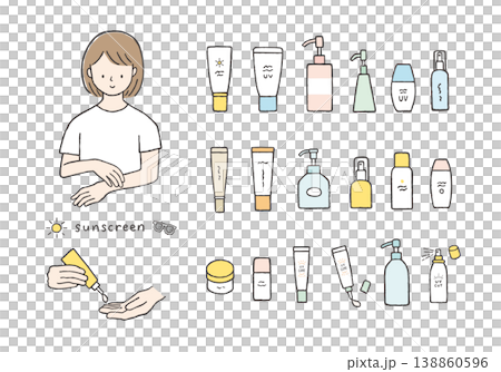 A set of hand-drawn illustrations of various sunscreens and creams. A set of hand-drawn illustrations of various sunscreens and creams. 138860596