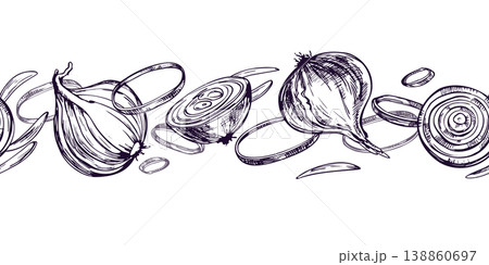 Hand drawn onion seamless border illustration. Black and white ink sketch of vegetable bulb and slice. Graphic line art for food design, kitchen packaging, harvest menu and restaurant. Hand drawn onion seamless border illustration. Black and white ink sketch of vegetable bulb and slice. Graphic line art for food design, kitchen packaging, harvest menu and restaurant. 138860697