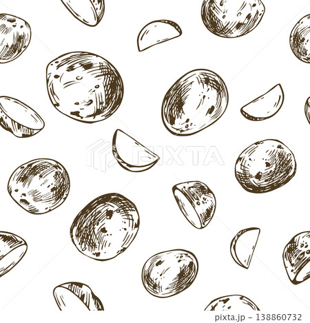 Hand drawn baby potato seamless pattern. Ink sketch illustration of vegetable wedges. Graphic line art design for harvest wallpaper, food packaging, organic restaurant menu and grocery background. Hand drawn baby potato seamless pattern. Ink sketch illustration of vegetable wedges. Graphic line art design for harvest wallpaper, food packaging, organic restaurant menu and grocery background. 138860732