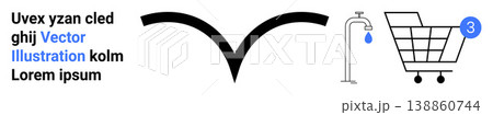 Navigation, environmental sustainability, water conservation, shopping, e-commerce, online notifications. Arrow symbol, water droplet from faucet shopping cart with notification icon. Navigation Navigation, environmental sustainability, water conservation, shopping, e-commerce, online notifications. Arrow symbol, water droplet from faucet shopping cart with notification icon. Navigation 138860744