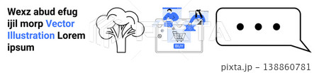 Online shopping, digital communication, sustainability, environmental protection, graphic design, customer interaction. a shopping cart, speech bubble and a tree illustration. E-commerce 138860781