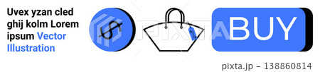 E-commerce, online shopping, retail, digital payments, consumerism, financial transactions. A dollar icon, shopping bag and a buy button. E-commerce and online shopping digitally conceptualized E-commerce, online shopping, retail, digital payments, consumerism, financial transactions. A dollar icon, shopping bag and a buy button. E-commerce and online shopping digitally conceptualized 138860814