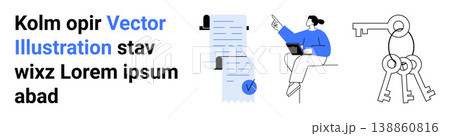 Digital identity, data verification, online security, workflow management, remote work, access control. Stack of documents with checkmark, a professional working remotely and security keys. Digital 138860816