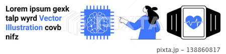 Artificial intelligence, health technology, digital innovation, smart devices, machine learning, healthcare advancement. ion of brain on chip, wearable health monitor person pointing. Artificial Artificial intelligence, health technology, digital innovation, smart devices, machine learning, healthcare advancement. ion of brain on chip, wearable health monitor person pointing. Artificial 138860817