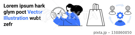 E-commerce, shopping tools, online retail, consumer habits, business processes, digital transformation. A person holding a steering wheel, a shopping bag and settings gear icon. E-commerce E-commerce, shopping tools, online retail, consumer habits, business processes, digital transformation. A person holding a steering wheel, a shopping bag and settings gear icon. E-commerce 138860850