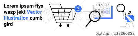 E-commerce, task organization, data search, productivity tools, retail trends, digital planning. Shopping cart with notification, magnifying glass and calendar visuals. E-commerce and task 138860858