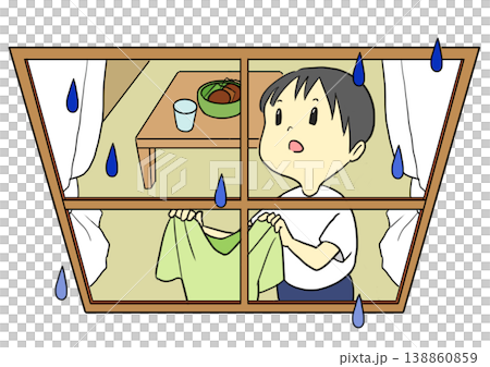 With the rainy season beginning, a man tries to dry his laundry indoors because he can't do it outside. 138860859