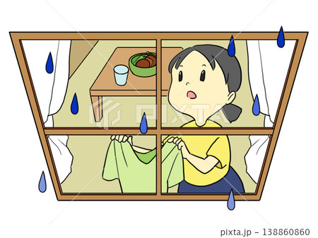 梅雨の季節に入り、洗濯ができず部屋干しをしようとする女性 梅雨の季節に入り、洗濯ができず部屋干しをしようとする女性 138860860