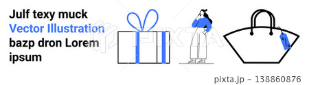 Shopping, fashion, gifting, design, trends, lifestyle. Minimalist design shows a woman, a gift box and a handbag. Shopping and fashion concepts highlighted with elegant simplicity Shopping, fashion, gifting, design, trends, lifestyle. Minimalist design shows a woman, a gift box and a handbag. Shopping and fashion concepts highlighted with elegant simplicity 138860876