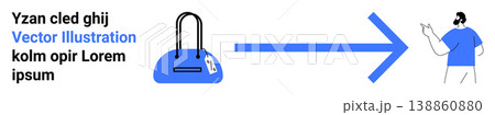 Business processes, travel, growth, logistics, supply chain, professional services. Blue bag icon, large arrow pointing to a person. Business processes and logistics concept Business processes, travel, growth, logistics, supply chain, professional services. Blue bag icon, large arrow pointing to a person. Business processes and logistics concept 138860880