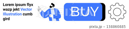 Digital marketing, e-commerce, online shopping, business automation, retail solutions, purchasing systems. Businessperson pointing to a buy button near a gear. Digital marketing and e-commerce Digital marketing, e-commerce, online shopping, business automation, retail solutions, purchasing systems. Businessperson pointing to a buy button near a gear. Digital marketing and e-commerce 138860885