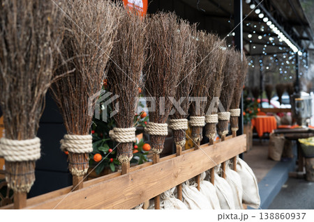 group of brooms as decorative elements . cleaning concept group of brooms as decorative elements . cleaning concept 138860937