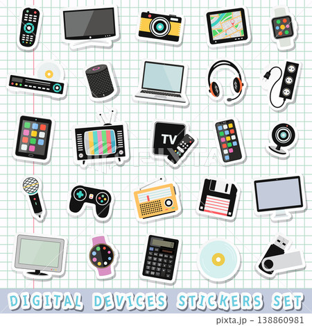 Digital devices, technology and media gadgets stickers set isolated Digital devices, technology and media gadgets stickers set isolated 138860981