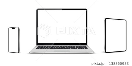 Laptop computer, tablet and mobile phone. Flat lay detailed and realistic devices mockup Laptop computer, tablet and mobile phone. Flat lay detailed and realistic devices mockup 138860988