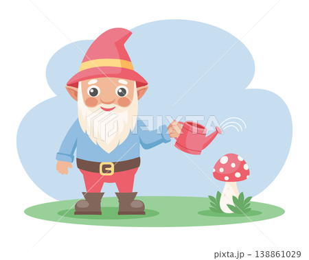 Cute garden gnome with a watering can watering mushroom. Children illustration. 138861029