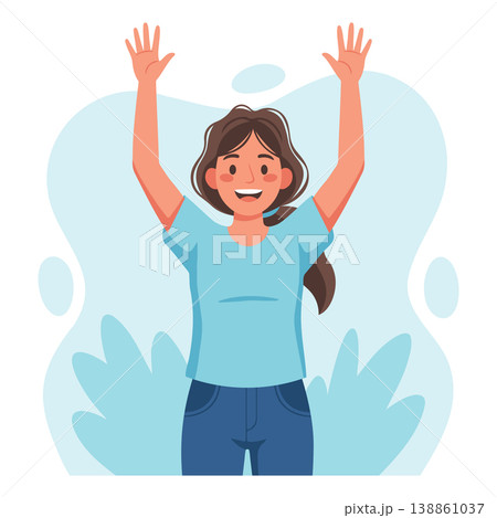 Happy young woman raising her arms in victory celebration. Illustration. Happy young woman raising her arms in victory celebration. Illustration. 138861037