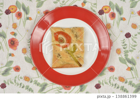 Artistic Focaccia Bread with Vegetable Flower Design Artistic Focaccia Bread with Vegetable Flower Design 138861399