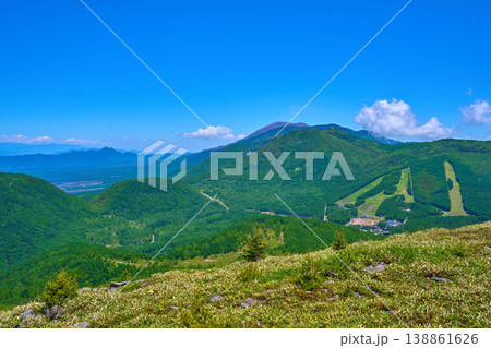 新緑の群馬県吾妻郡嬬恋村の湯ノ丸山頂から東側の眺望(浅間山,西篭ノ登山,東篭ノ登山など) 138861626