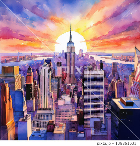 New york city skyline painting vibrant sunset 138861633