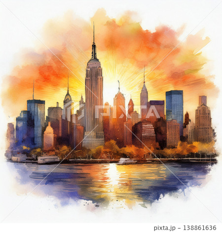 New york city skyline reflecting sunset water painting 138861636